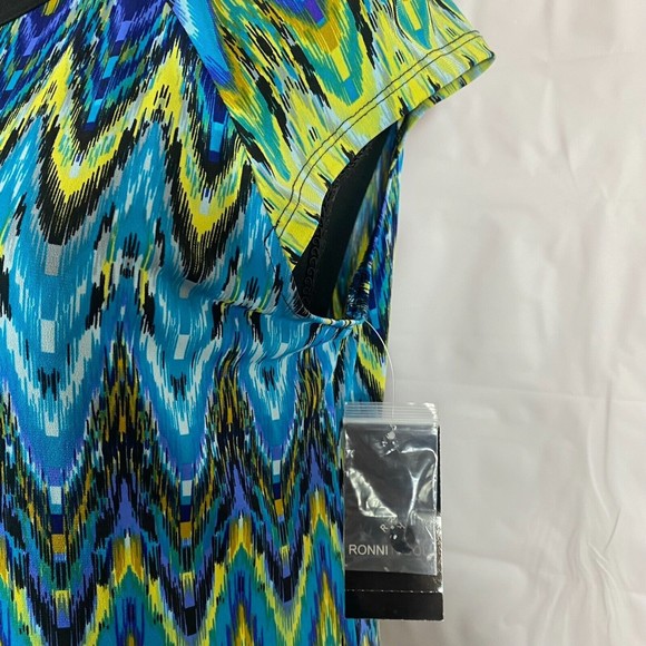 Ronni Nicole Blue/Green/Yellow Geometric Print Cap Sleeve Sheath Dress Size 6 - Picture 4 of 12